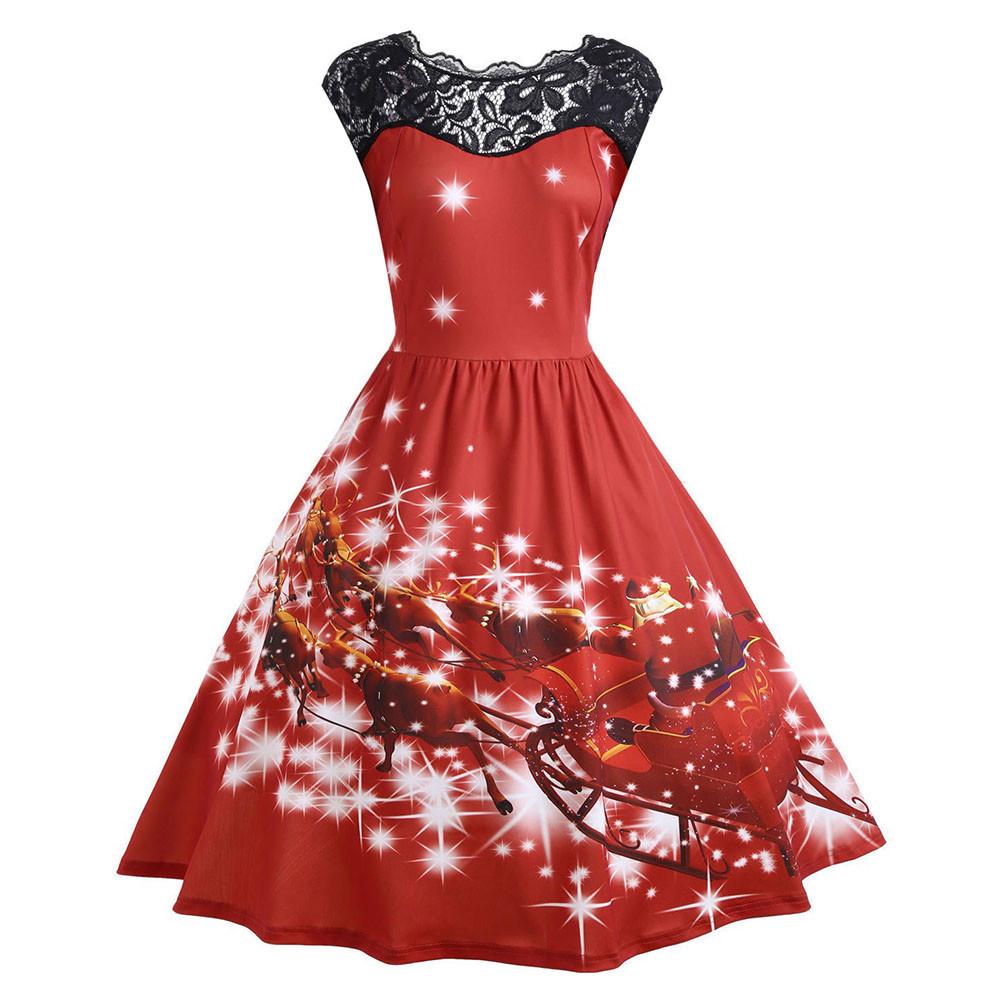 Fashion Women Lace Vintage Christmas Print Sleeveless Swing  Party Dress