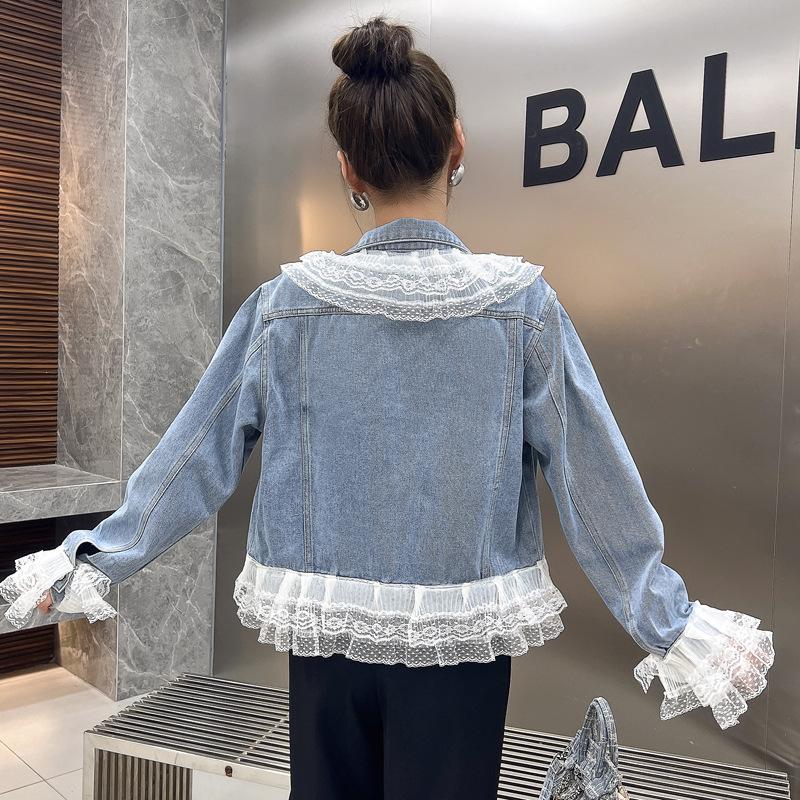 Denim Jacket Women's Western Style Fashion Lace Stitching Short Washed Beaded Jacket Top Small Fragrance
