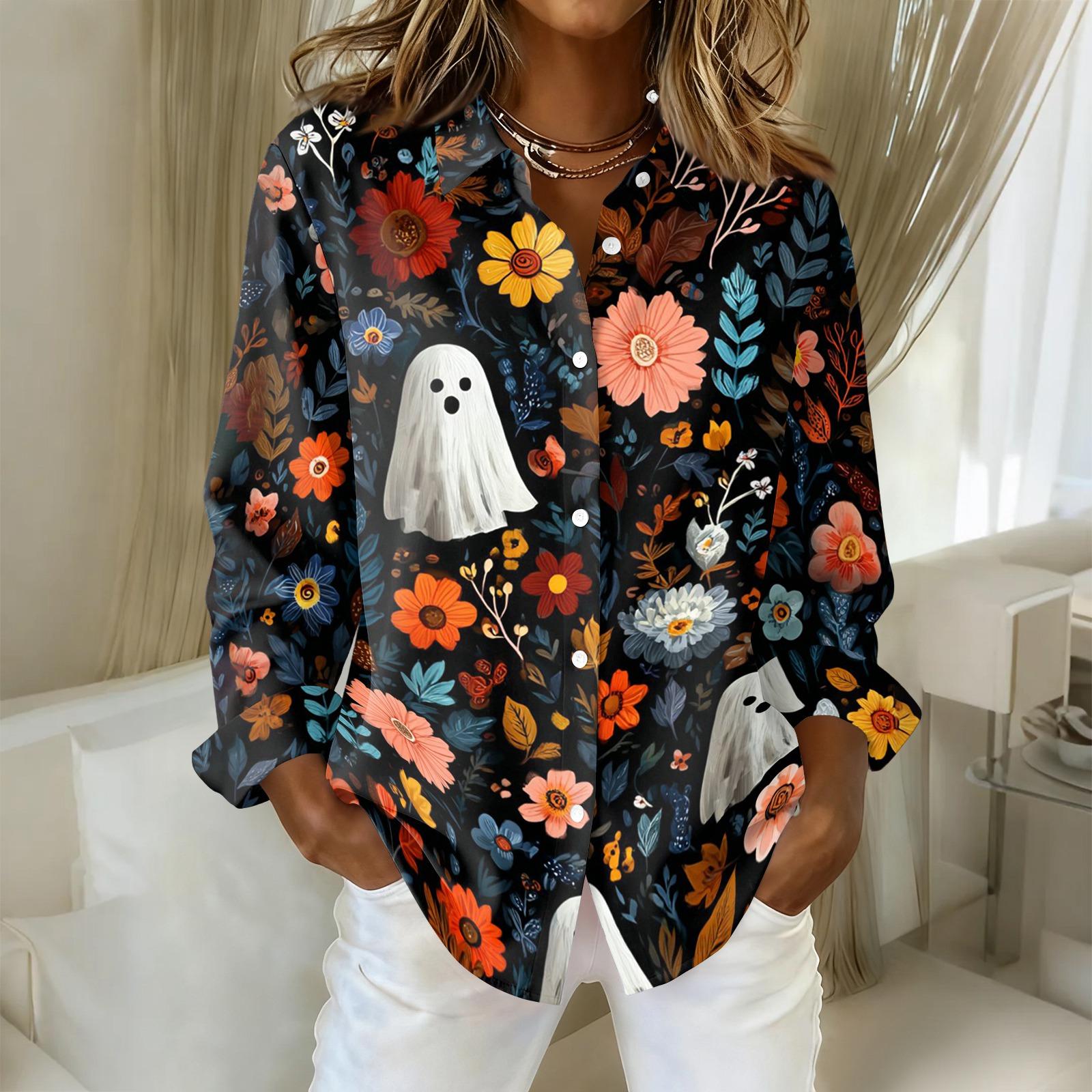 Women s Halloween Print Button Down Shirt Long Sleeve Casual Regular Fit Collared Top Floral and Ghost Pattern Blouse L чёрный