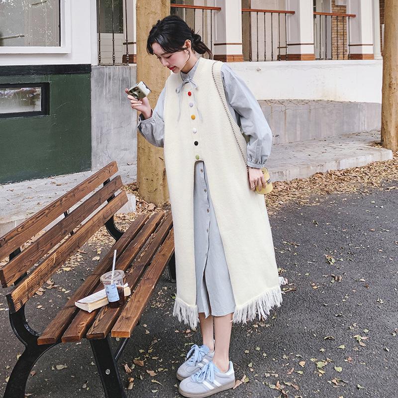 Women's Spring 2025 Playful Two-Piece: Colorful Button Shirt Dress & Tassel Knit Vest Suit