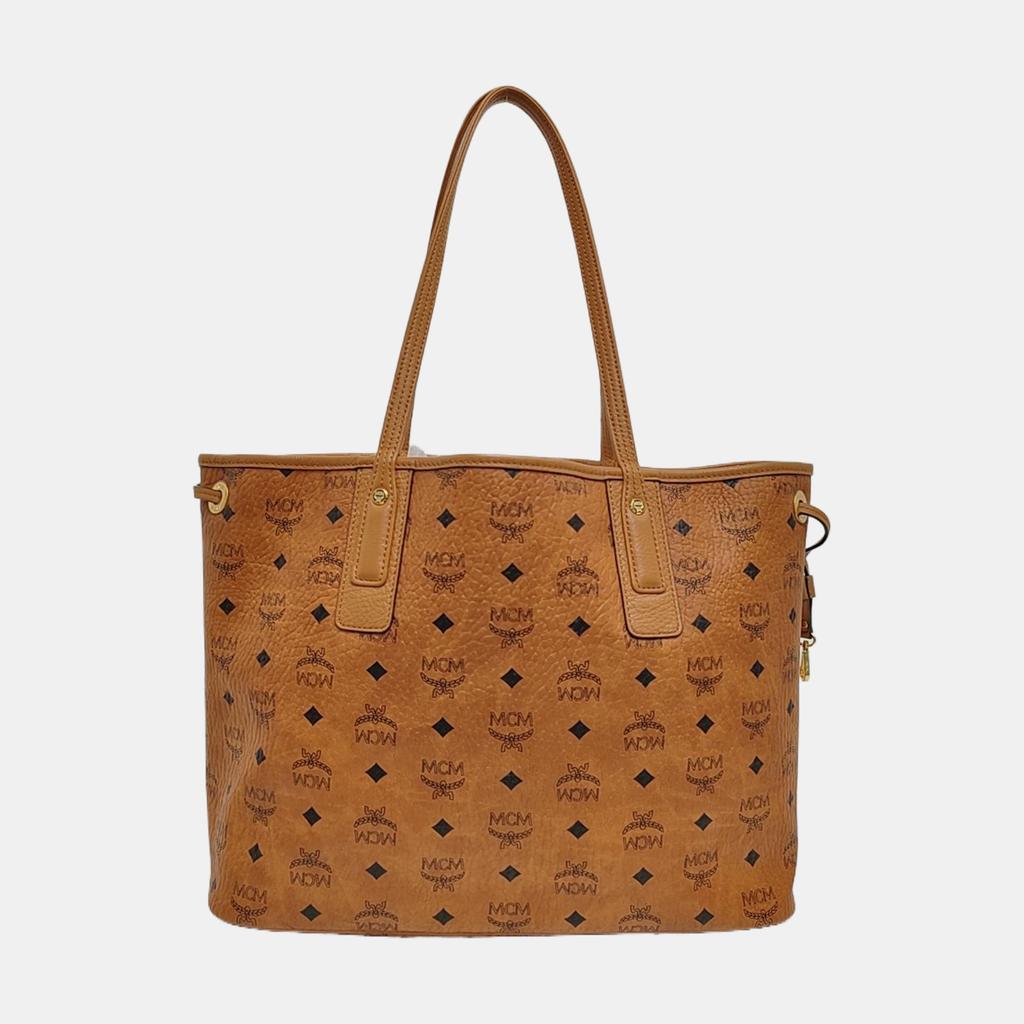 [Pre-Owned] Liz Medium Cognac Coated Canvas Printed Tote Bag With Gold Hardware And Pouch - Very Good #1XT5EYY