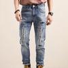2025 Spring/Summer Men's Slim Fit Patchwork Ripped Jeans, Straight Leg, Blue with Applique and Raw Edge