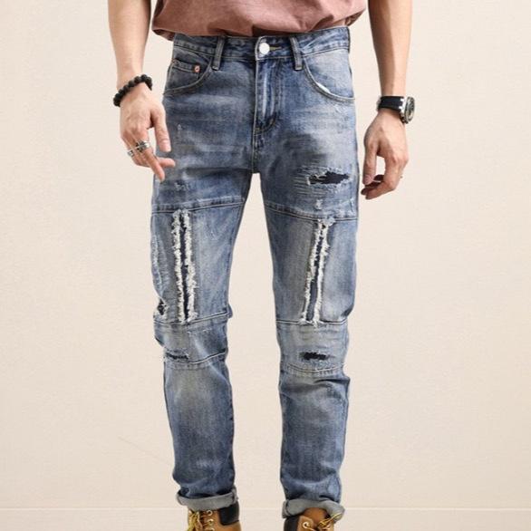 2025 Spring/Summer Men's Slim Fit Patchwork Ripped Jeans, Straight Leg, Blue with Applique and Raw Edge
