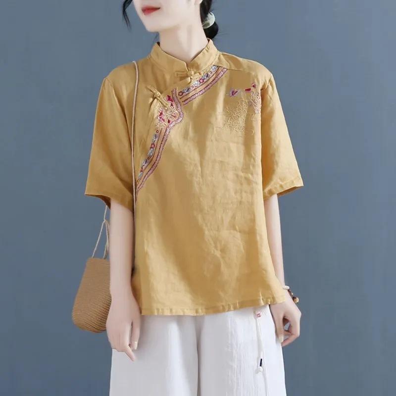 Национальная чайная одежда Свободная вышивка Короткий рукав Топ Женский Однотонный Стойка Пряжка Китайская хлопково-льняная рубашка M