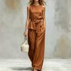 2026 Womens Sleeveless Tie-Waist Elegant Casual Set Chic Outfit In Solid Colors
