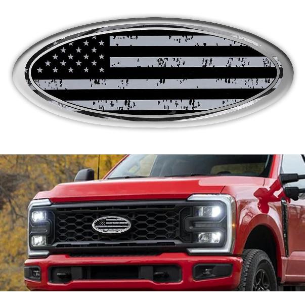 Frontgrill-Emblem für Ford, 9" Aluminium Frontgrill Heckklappen-Abzeichen Amerikanische Flagge Oval Patriotisches Hauben-Label für Ford F150 F250 F350 Edge