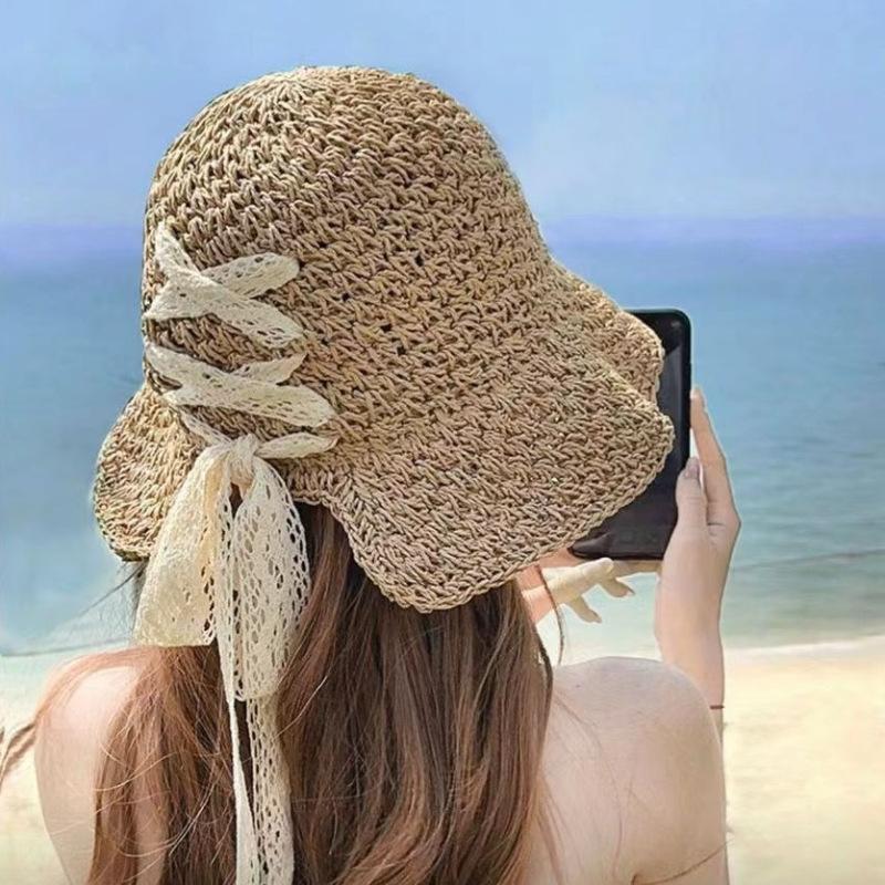1pc Straw Women's Lace Bow Hollow Crochet Sun Cap,Summer Wide Brim Sunshade Panama Hat Fashion Foldable Beach Hat for Travel