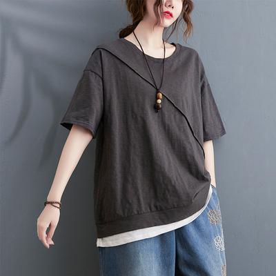 Large Size Women's Summer Art Color Collision Splicing Fake Two-piece Top Versatile Age Reducing Solid Color Short Sleeved T-shirt for Women