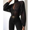 Striped Top Transparent Shirt Stripes Stand Collar Tops Sexy Long Sleeves See-through Blouse