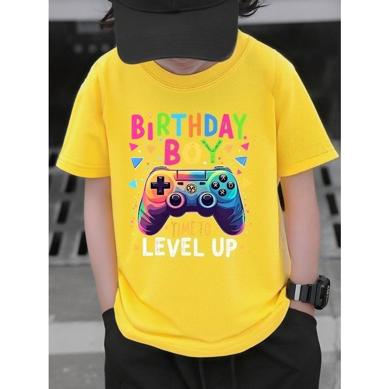 European sizes Boys' T-shirt Birthday Boy Game Controller Level Up, Ideal for Outdoor Activities, Soft Knitted Top, Comfortable And Breathable