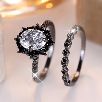 Black Crystal White Zircon Oval Stone Ring Sets For Women Vintage Black Metal Engagement Rings Set Wedding Jewelry Birthday Gift