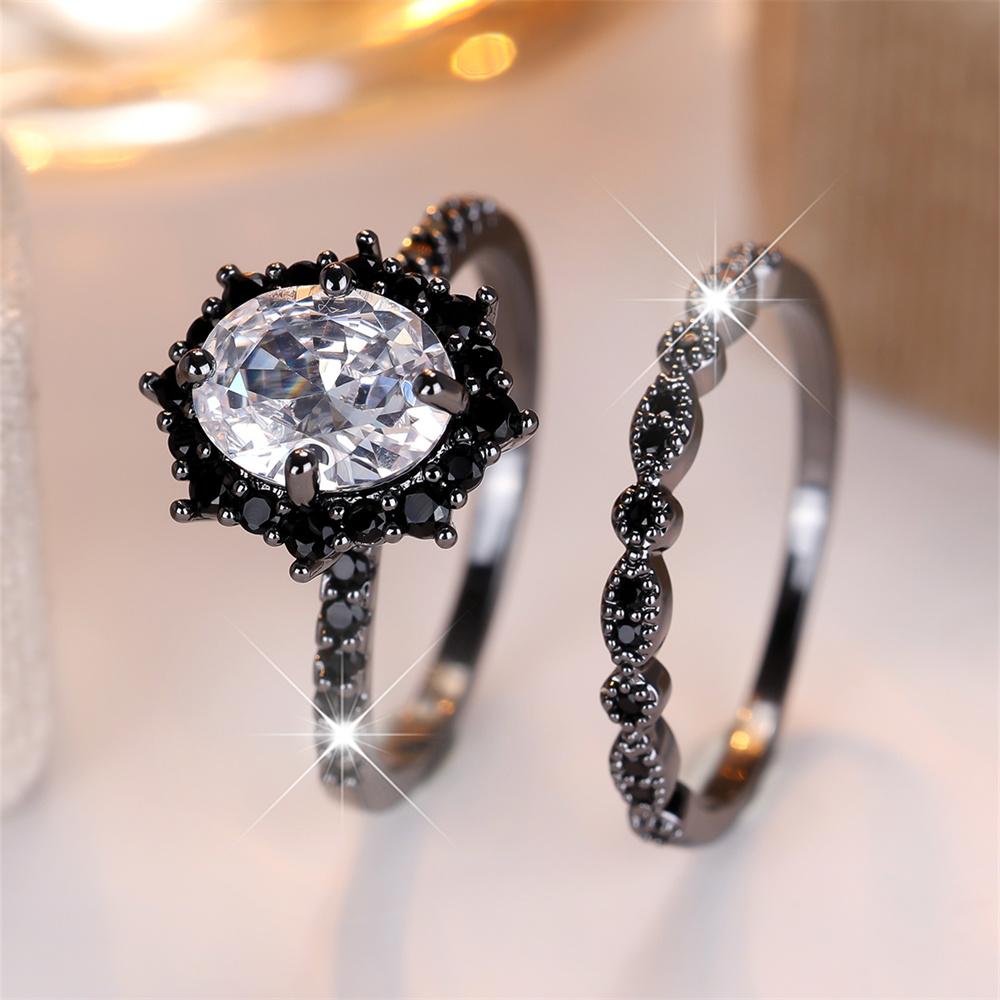 

Black Crystal White Zircon Oval Stone Ring Sets For Women Vintage Black Metal Engagement Rings Set Wedding Jewelry Birthday Gift 10 чорний білий колір