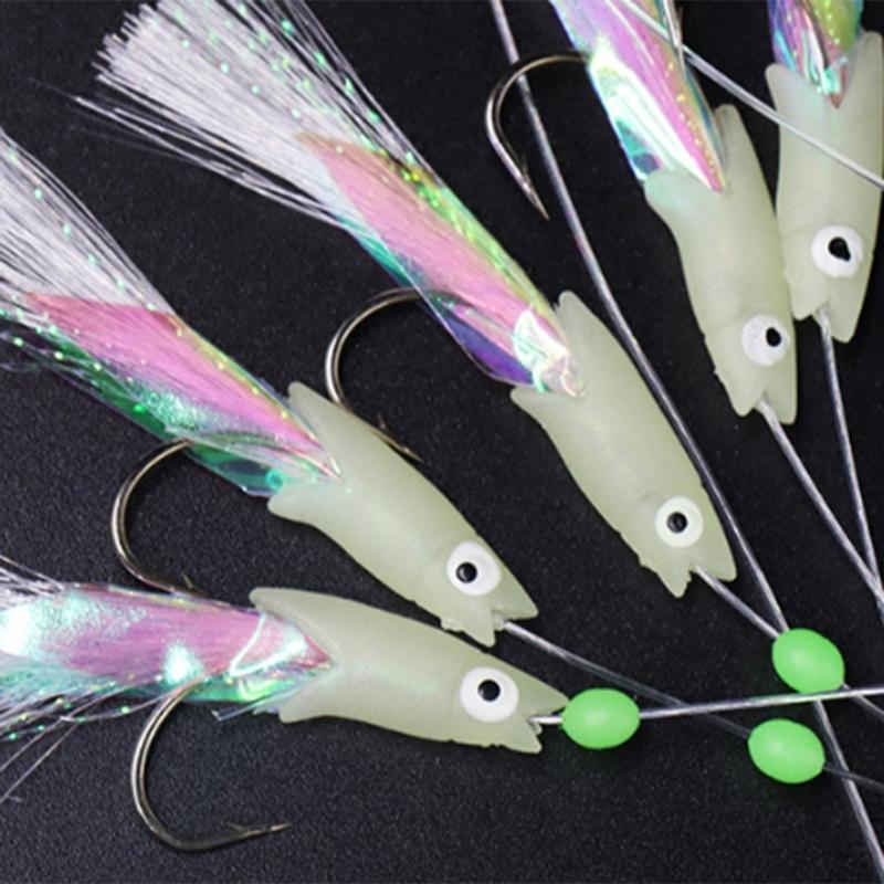 5Pcs Glows Fishhooks Fishing Hook for Salt/Freshwater, Luminous Fishing Rig Fishing Lures Baits Rig Fish Skin Sea Rig
