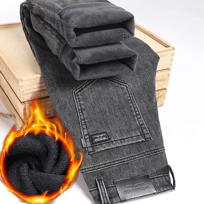 Lente En Herfst Winter Nieuwe Heren Pluche/Normale Jeans Afslankend Recht Stretch Zakelijk Veelzijdig Lange Broek