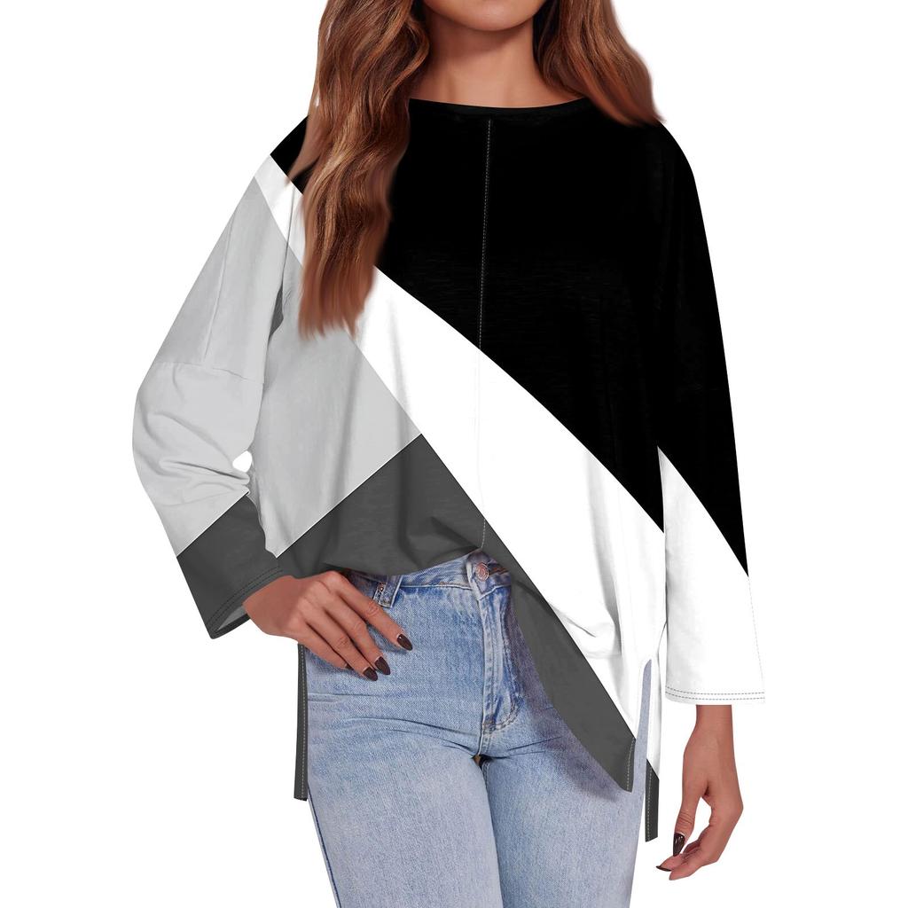 Women's Fashion Oversized Loose T-Shirt Round Neck Long Sleeve Side Geometric Splicing Printed Casual Top