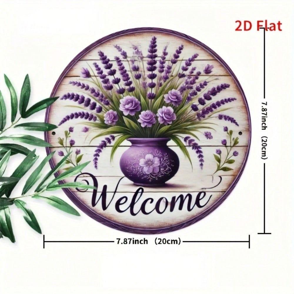 Vintage Metal Wall Art Lavender Print, Round Tin Sign 8x8 Inch for Bedroom Home Decor
