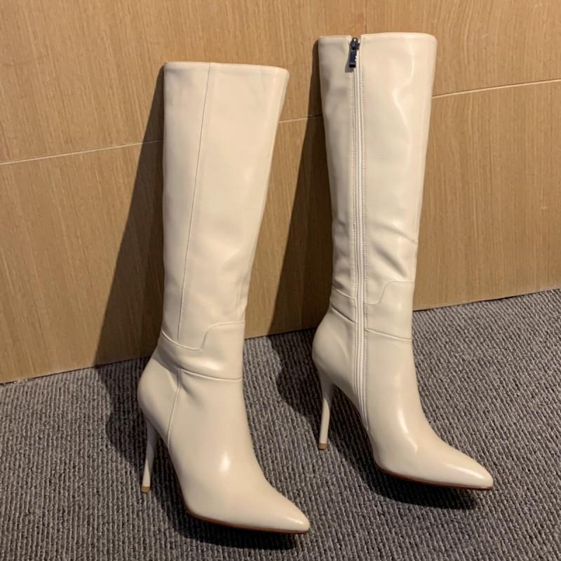 Genuine Leather Women's Knee High Boots Black Pointed Toe Thin Heel Zipper Chelsea Winter Shoes Ladies Footwear Large Size 43