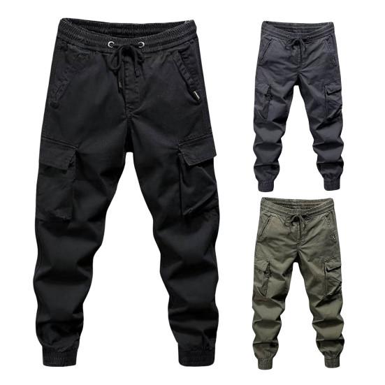 Men Cargo Pants Elastic Waist Adjustable Drawstring Casual Overalls with Multi Pockets Solid Color Regular Fit Pants