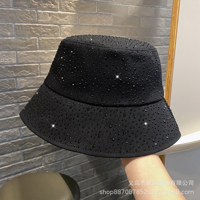 Womens Foldable Sun Hat With Rhinestone Embellishment Cotton Wide Brim Bucket Outdoor Travel
