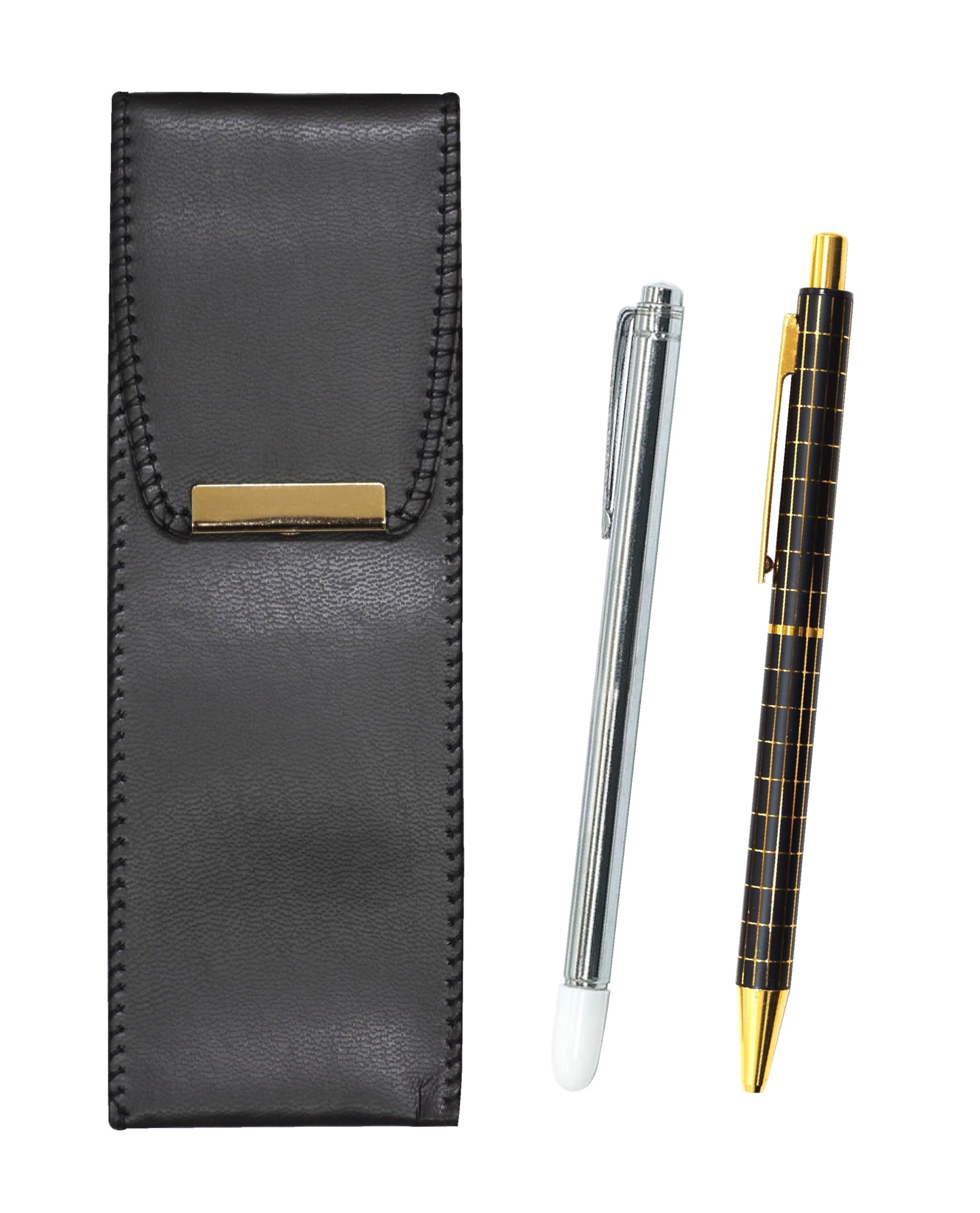 

pen case with metal metal and black grid ballpoint pen set Eco-leather pointer, standard-size straight-knock pen, double-anodized (black, чёрный