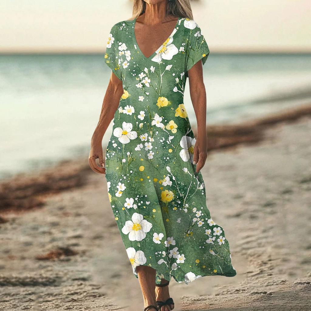 Fashion Women's Summer V-neck Short Sleeve Cotton And Linen Vintage Floral Print Beach Dress