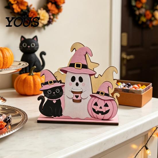 Halloween Kitchen Tissue Holder Wooden Napkin Holder, Cute Pastel Pumpkin Ghost Black Cat Tabletop Dispenser, BOO Letter Organizer Waterproof