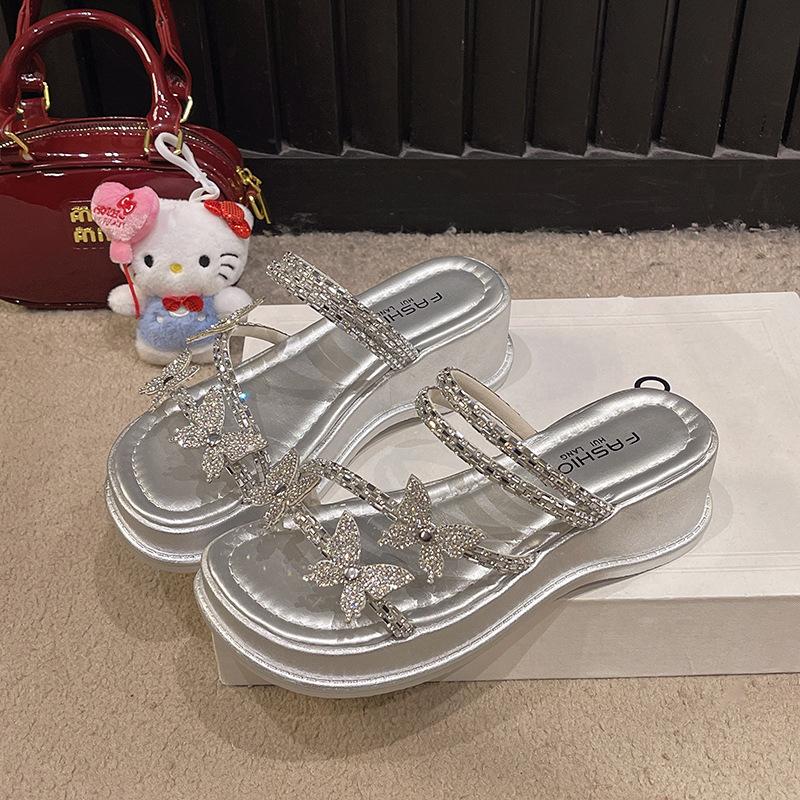 2025 Summer New High-end Slippers Wear Rhinestones Fashion Fairy Style with Skirt Muffin Thick-bottomed Sandals