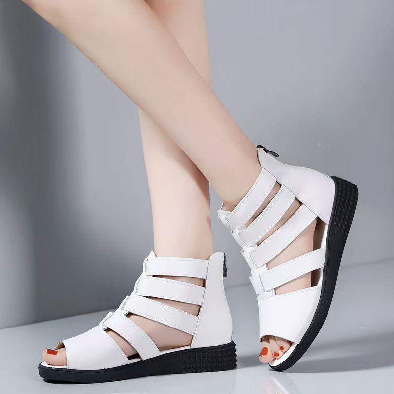 Women's Big Size Leather Hollow Out Wedges Peep Toe Sandals Summer New Soft Sole Non Slip Breathable High Top Zippers Cool Boots