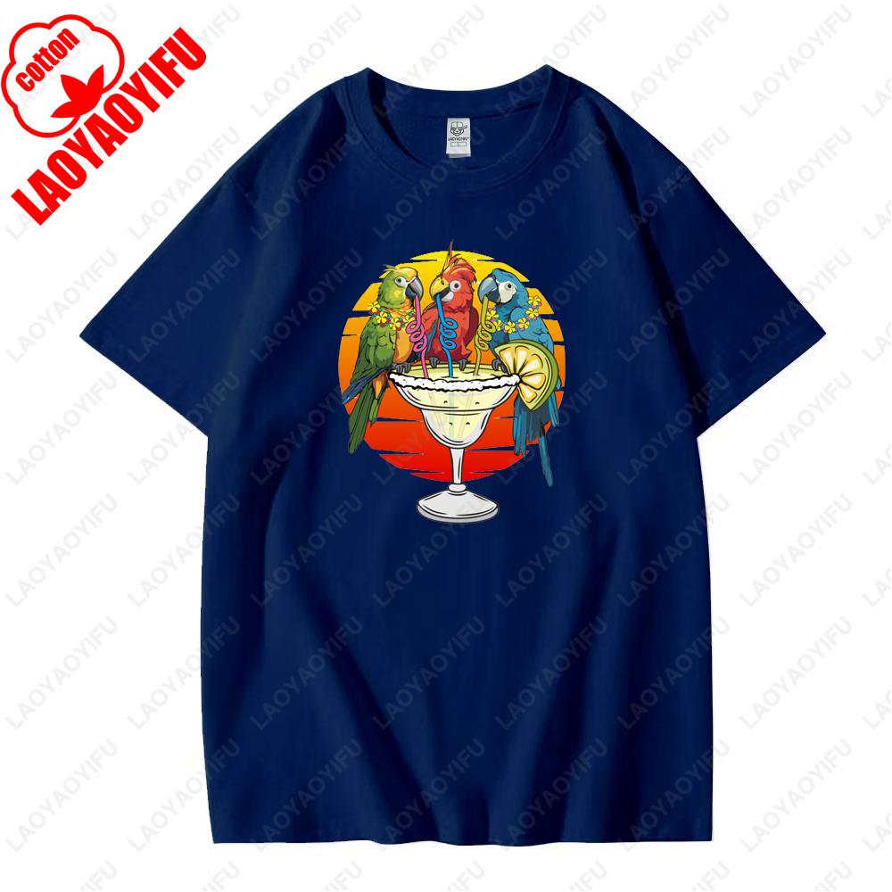 Drinking Parrots Birds Margarita Cocktail Summer Vacation Hawaii Graphic T Shirts Woman Man High Quality Cotton Tshirt Fashion 4XL