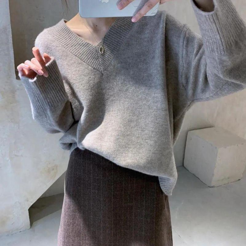 Women's Autumn & Winter Korean Style V-Neck Sweater Loose Lazy Style Versatile Pullover Knit Top Base Layer for Women