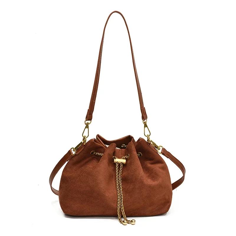 

Soft Solid Faux Suede Simple Commuting Crossbody Bags Thread String Women s Handbags 2026 Sewing Sweet Bags for Women коричневий