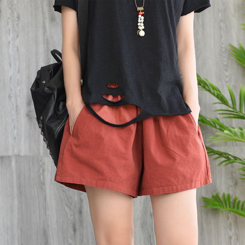 Plus Size Women's Retro Artistic Cotton Summer Casual Elastic Waist Wide-Leg Shorts