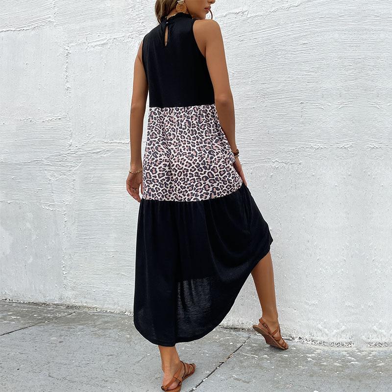 Summer new neck skirt slim sleeveless leopard print splicing dress