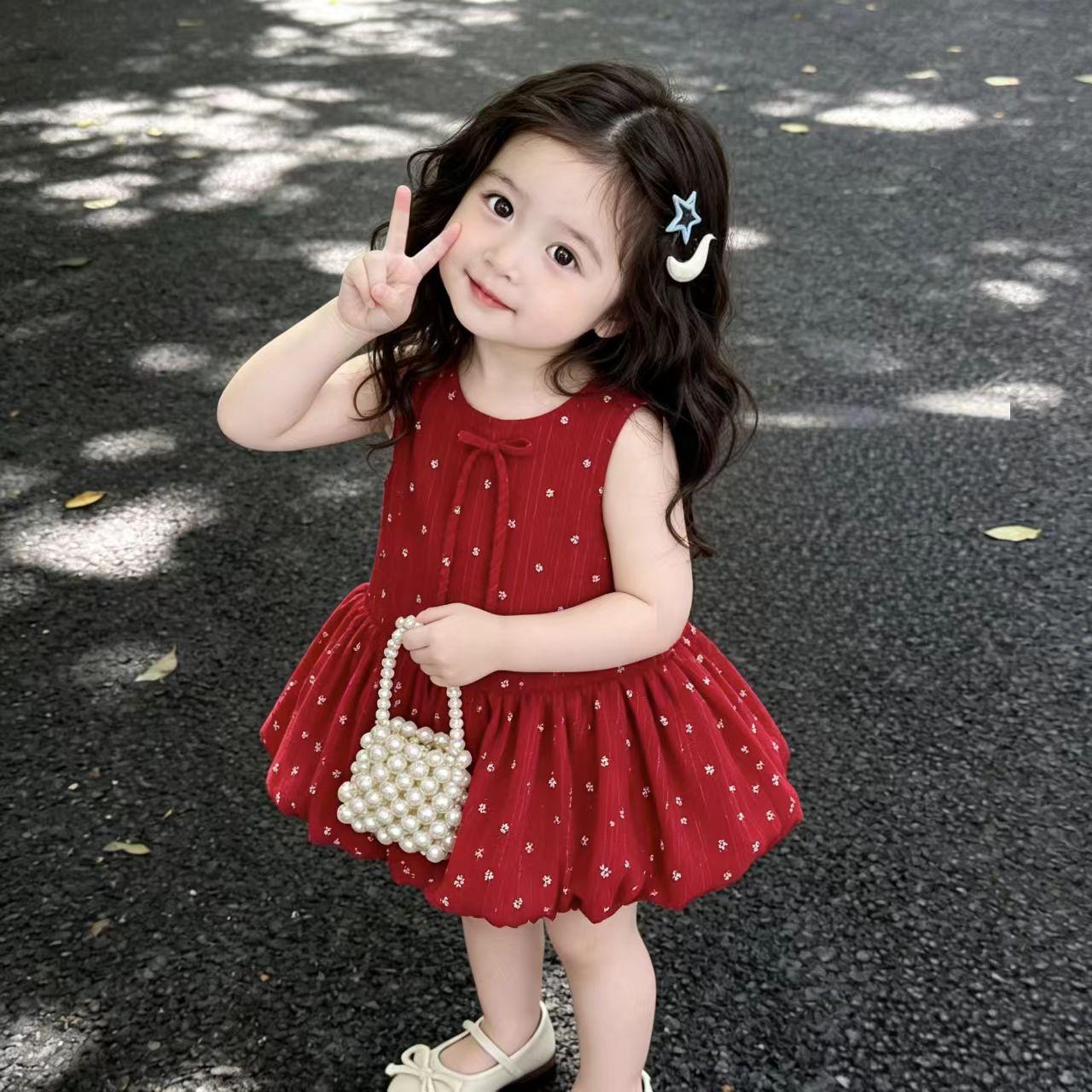 Baby Girl Red Floral Princess Dress Summer Cute Birthday Party Gown Sweet Toddler Outfit 80