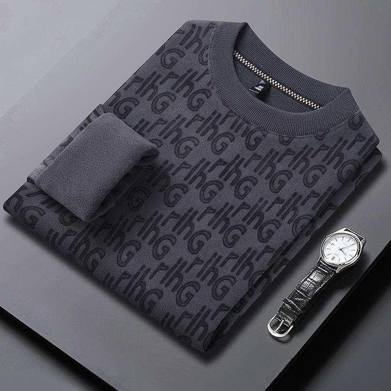 Men’s Autumn/Winter Coral Fleece Plus Velvet Round Neck Jacquard Hoodie and Casual T-shirt Bundle M