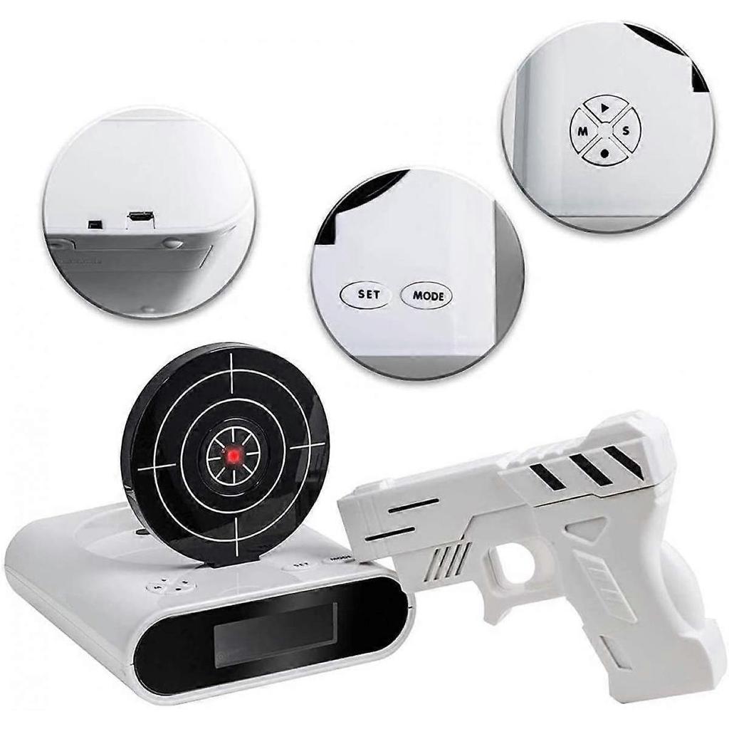 SCSYV Target wake-up alarm clock, creative gun shooting alarm personalized 12-hour digital display, suitable for sleepers,  for boys and girls (White)