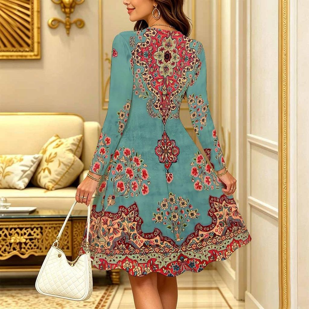 Women Long Sleeve Round Neck Midi Dress Boho Tie Dye Star Floral Dot Print Flared Casual Dress