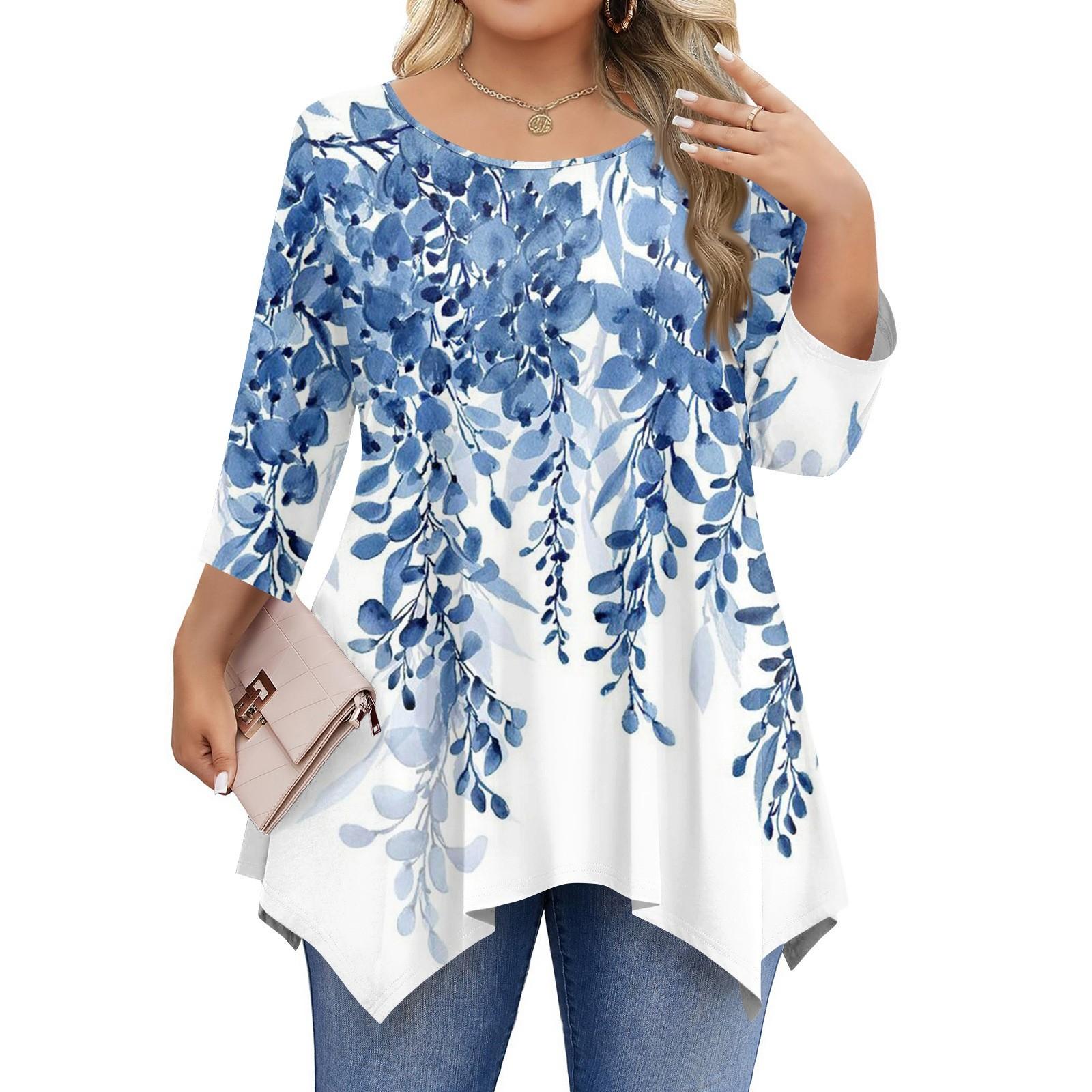 

Womens Plus Size 3/4 Sleeve Shirts Round Neck Tunic Tops Basic Loose Fit Tee Tops L-5XL XXXL