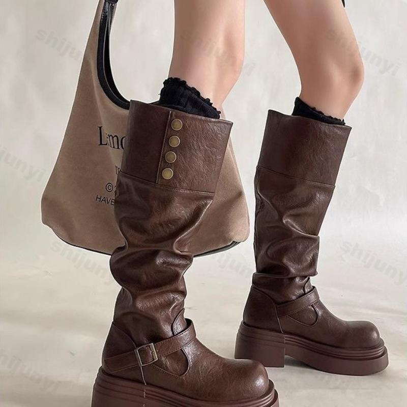 Mode Damenmode Ritterstiefel Herbst Winter Mode Schnallenriemen Cowboy Stiefel Bequeme Höhenerhöhung Rutschfeste Mid-Calf Stiefel