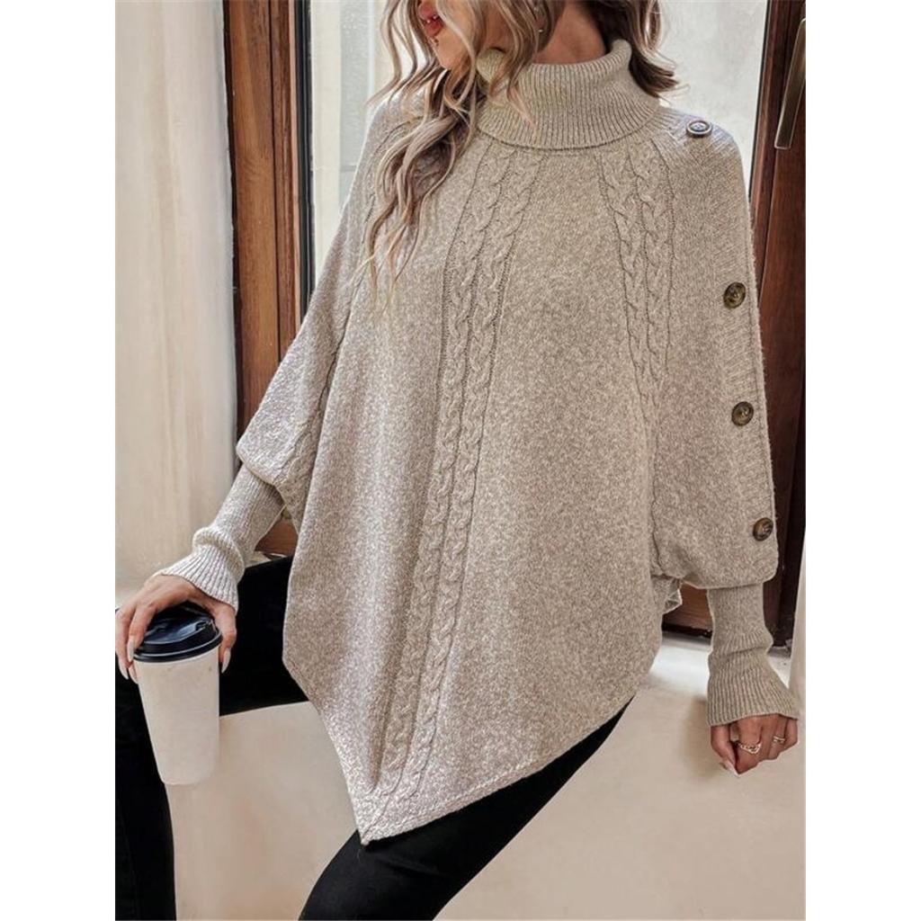 Women's Winter High Collar Asymmetric Hem Cape Sweater, Button Decoration Bat Sleeve Fried Dough Twists Weave Texture