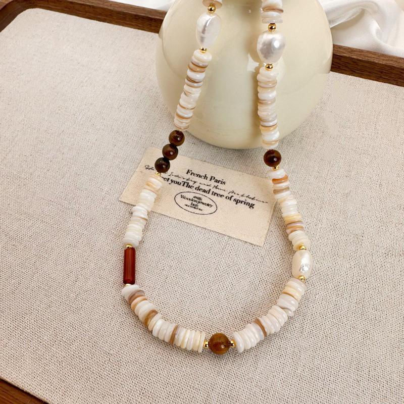 Colorful Pearl & Shell Beaded Necklace with Maillard Tiger Eye - Stylish Niche Choker