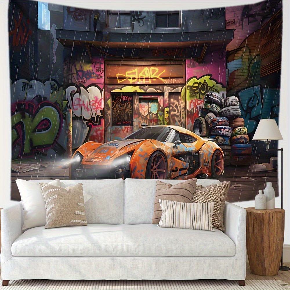 Anime Graffiti Car Tires Wall Tapestry Urban Street Art Design Vibrant Orange Blue Graffiti Print on Durable Polyester Fa