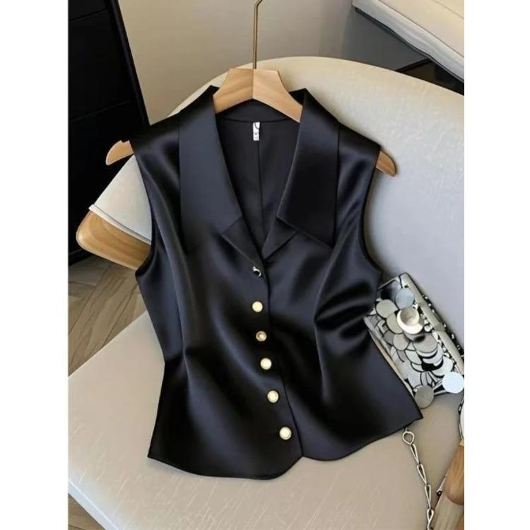 Satin French Temperament Women Vest Shirts Chic Point Turn-down Collar V-neck Vest Jacket Beige Sleeveless Blouse