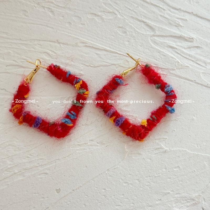 Colorful Red Woolen Hoop Earrings for Autumn and Winter - Large Bohemian Ethnic Retro Hong Kong Style Festive Accessory