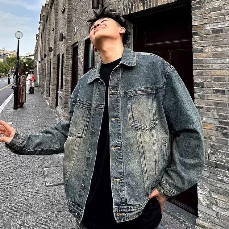Men's Trendy Retro High-End Denim Jacket - Loose Casual Fit for Spring/Autumn