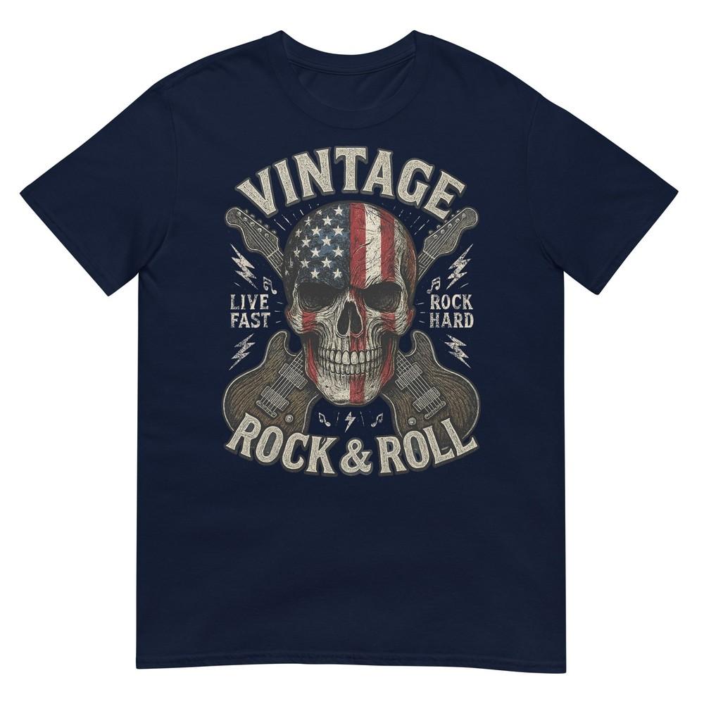 Vintage Rock Skull American Flag Guitar Retro Rock And Roll TShirt S