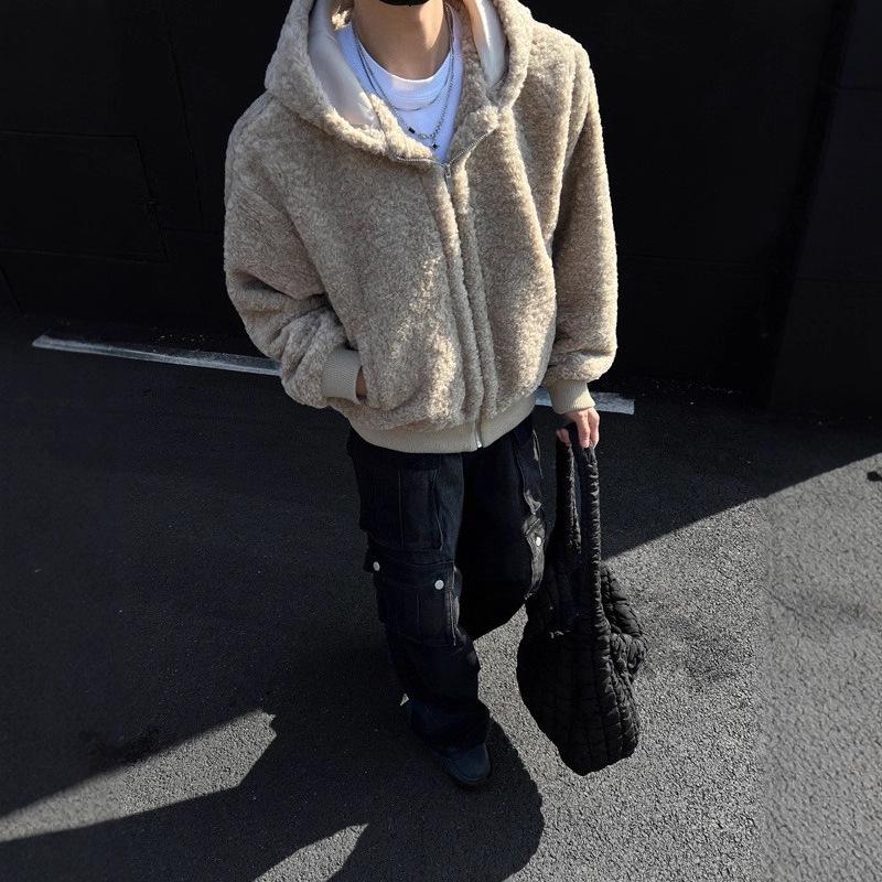 

Men s American Retro Lambswool Cotton Jacket - Thickened Plush, Cool & Casual Winter Outerwear XL хакі