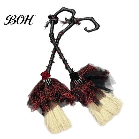 Halloween Theme Party Supplies Witch Broom, Black Tulle Cosplay Costume, Gothic Costume Prop Rose Skeleton Hand Broomstick for Party, Home Decor