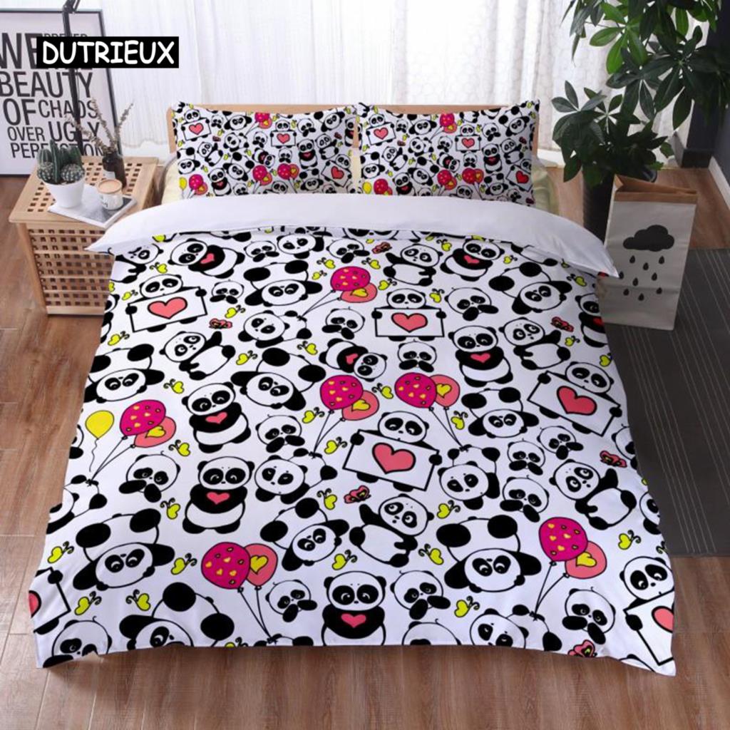 Cartoon Panda Duvet Cover Set King Cute Panda Drinking Water Twin Bedding Set Microfiber Kawaii Black White Bear Comforter Cover