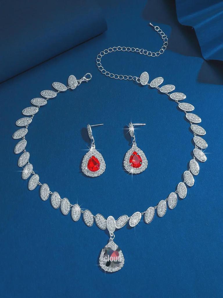Elegant Diamond Earrings & Necklace Set - Luxury Jewelry for Ladies, Perfect for Dinner and Weddings, European & American Style.